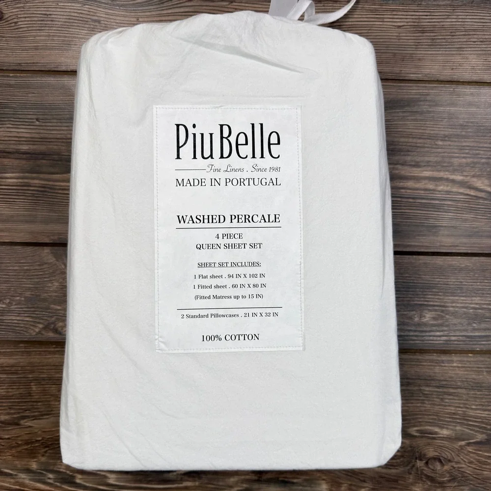 Piu Belle Queen Sheet Set White Washed Percale 100% Cotton Portugal 4pc New